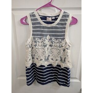 Postcard Striped Lace Mesh Tank Top Womens Blue White Mixed Media - Size M